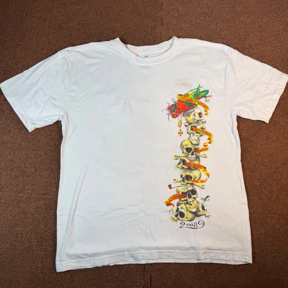 Goin Coastal Pirate Parrots Skull Graphic T-Shirt Mens Large White 2008 Y2K Tee